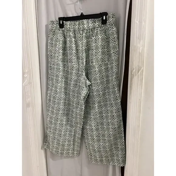 Talbots Green White Linen Blend Medallion Pant Set Sz L Wide Leg Pants Resort